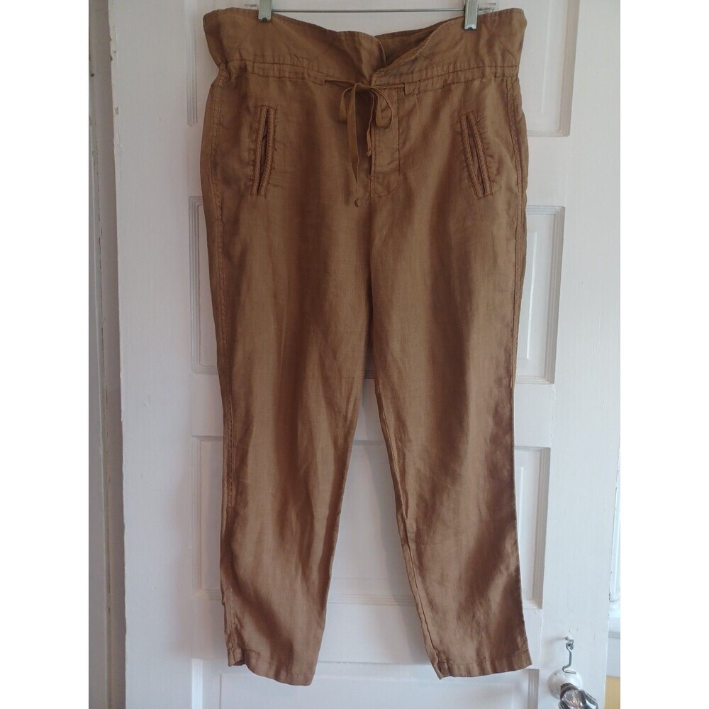 Zara brown linen tapered leg pants womens M paperbag waist button fly beach boho